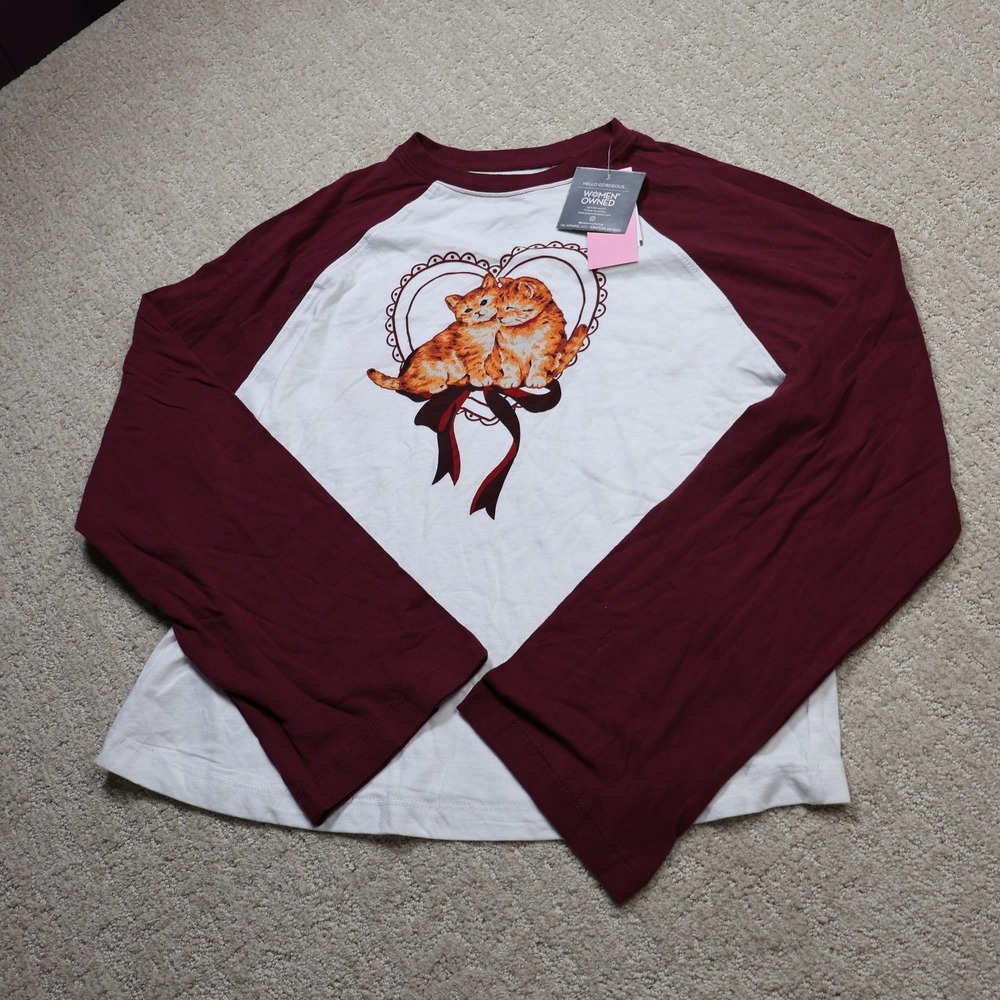 Grayson Threads Kitten Heart Raglan Long Sleeve Tee White Burgundy XXS